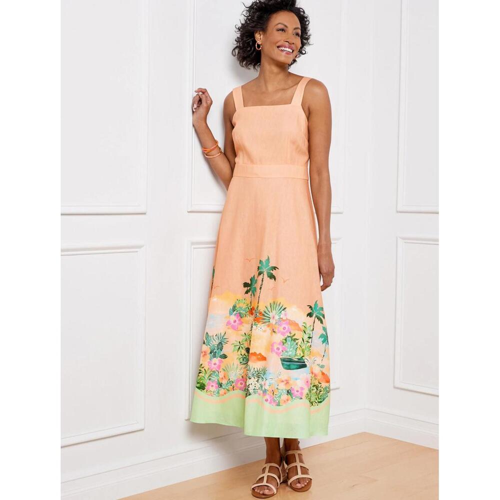 Talbots Peach Linen blend Floral Midi Dress with Green Border